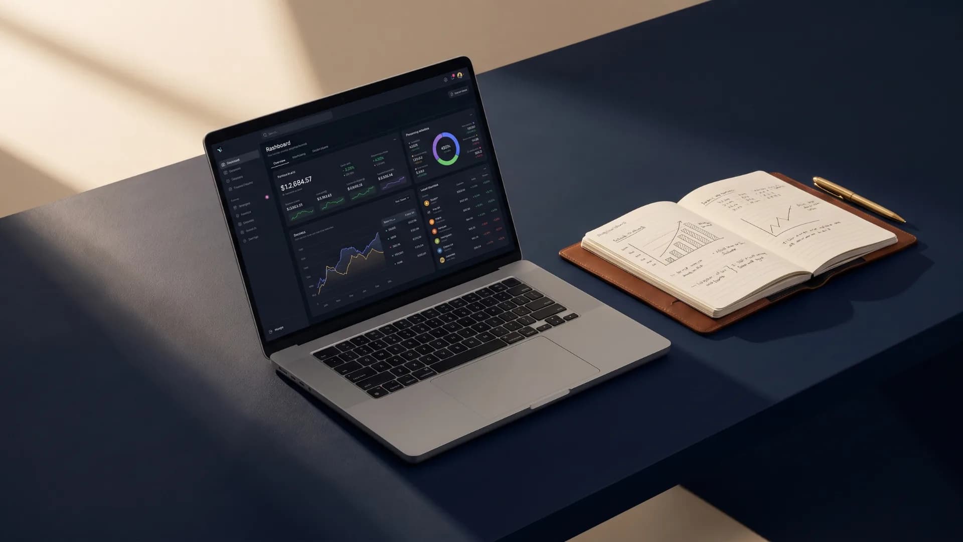 Computador com um painel de investimentos ao lado de um caderno