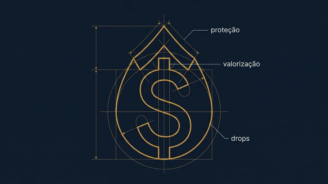 O símbolo da marca desenhado em linhas douradas: o telhado marcado como proteção, o cifrão como valorização e a gota como drops