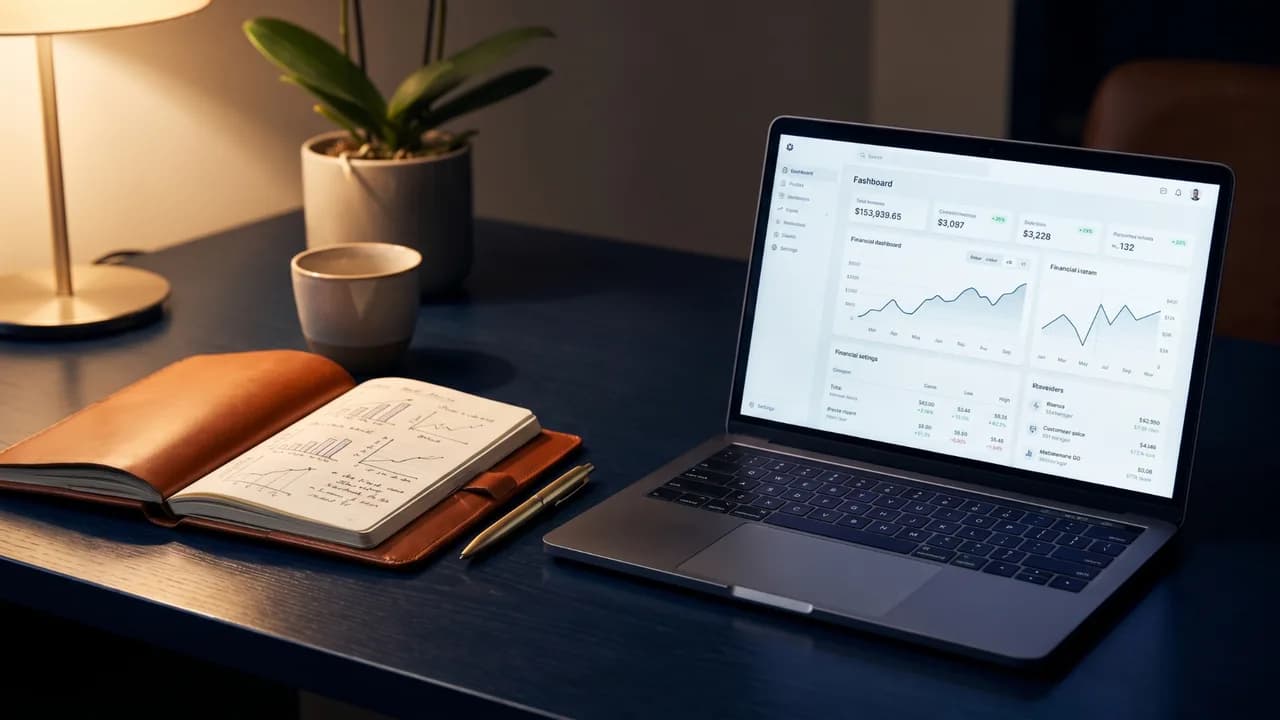 Caderno de anotações aberto ao lado de um computador com um painel de carteira